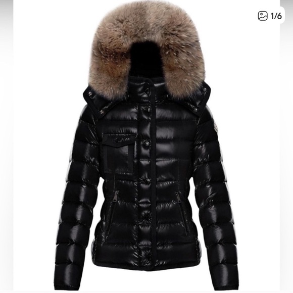 Moncler Glossy Black Puffer with Fur Trim